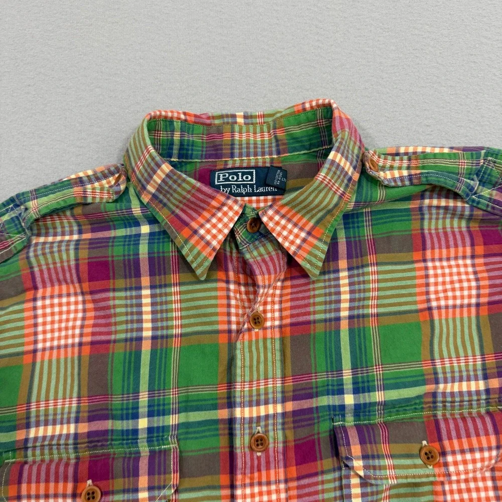 Vintage Polo Ralph Lauren Button Down XL Green Plaid Utility Epaulet Preppy 90s